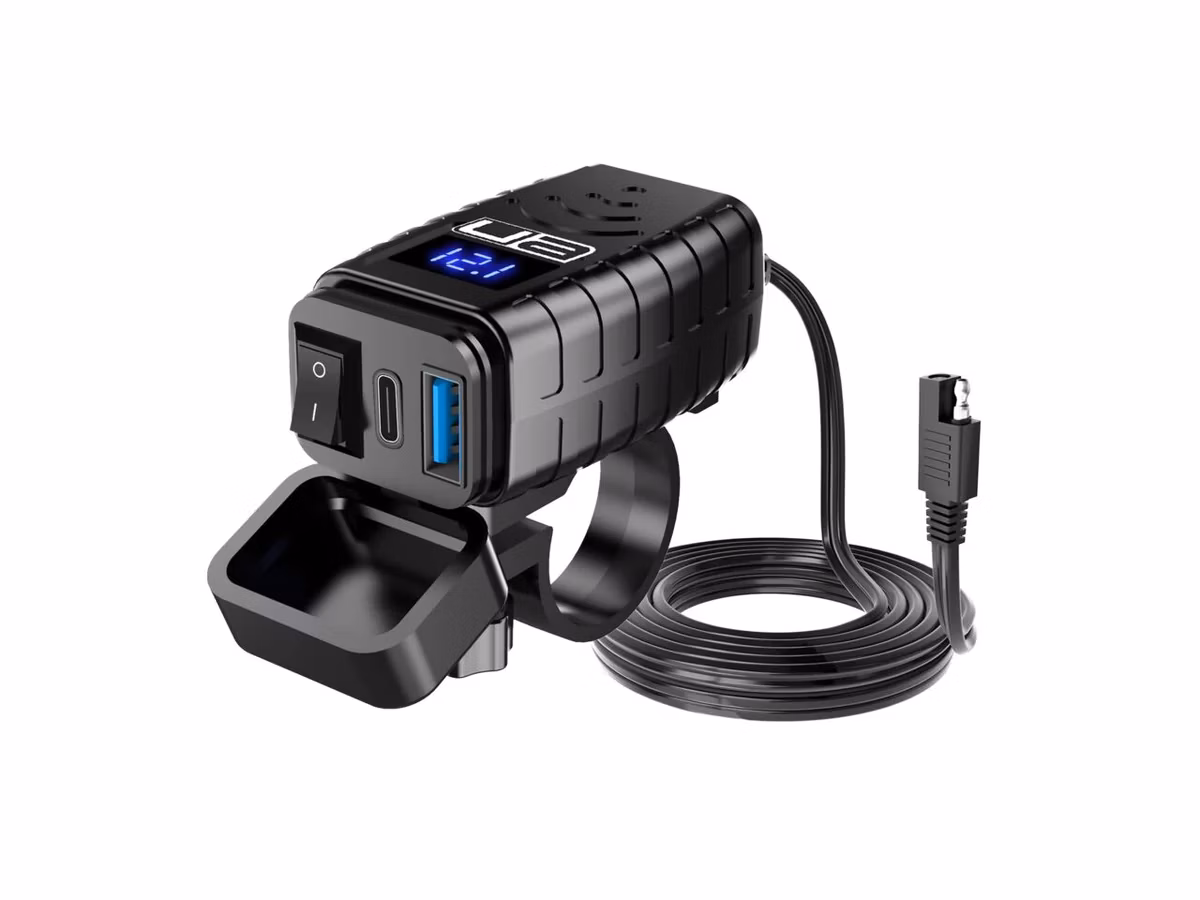 Motorcycle Waterproof Handlebar Fast Charger - USB A & Type-C with LED Voltmeter